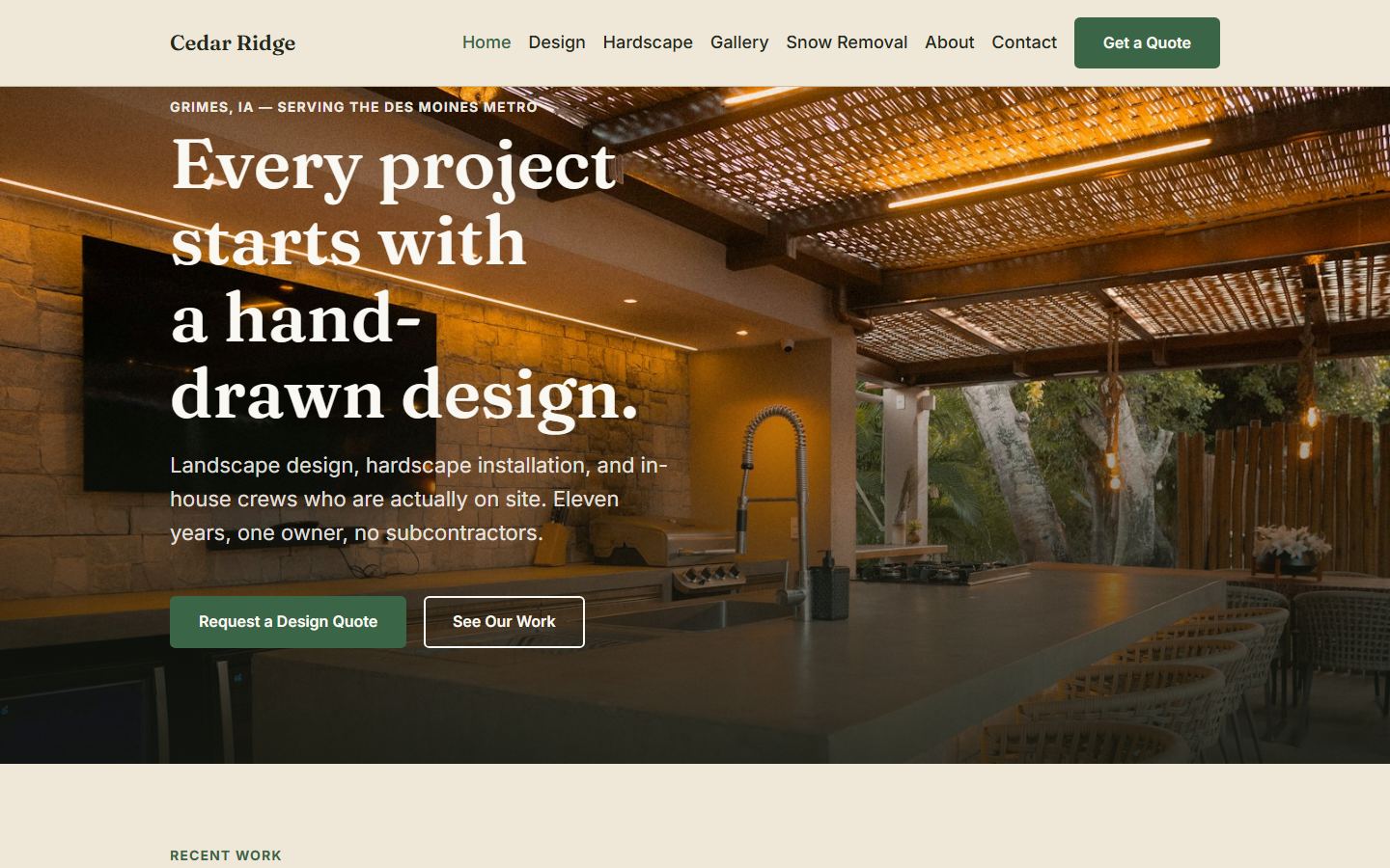 Homepage of Cedar Ridge Landscape and Lawn, a sample site: an outdoor kitchen at dusk under the headline 'Every project starts with a hand-drawn design.'